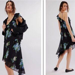 NWT FREE PEOPLE ALMA MIDI DRESS CHIFFON ASSIMETRIC HEM BLACK COMBO MEDIUM